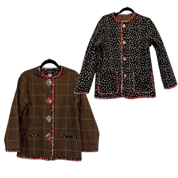 KOOS Of Course! Reversible Women's Jacket Size Small Polka Dot, Brown, Black, We - Picture 12 of 12